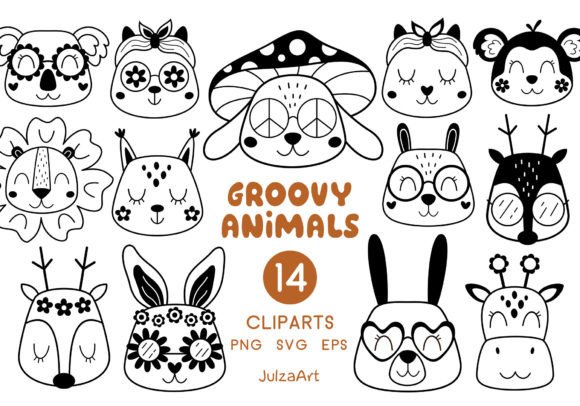Black Animal Clipart: Groovy Retro Animal Faces for Modern Design