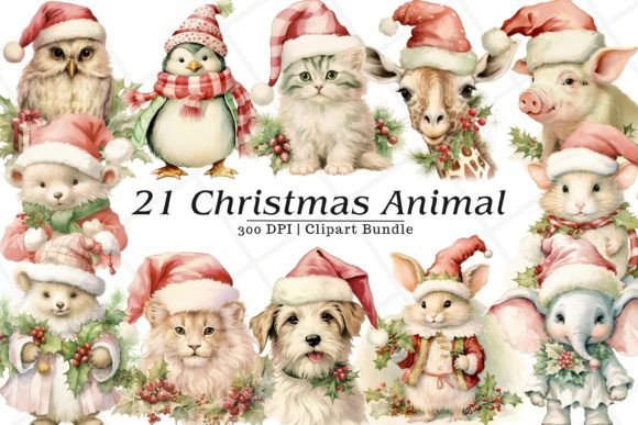 Charming Pastel Christmas Animal Watercolor Graphics