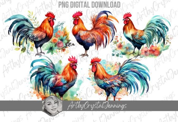 Colorful Farm Animal Roosters Design PNG for Crafting